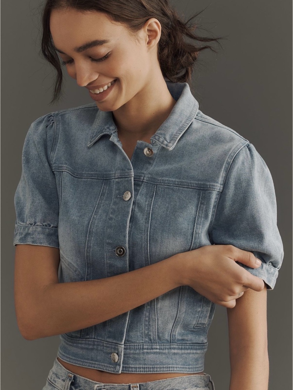 Maeve anthropologie cropped puff Sleeve denim Jacket - Light Blue